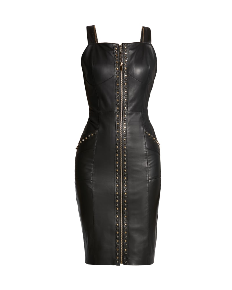 Front of a size Large Stevie Upcycled Leather Dress in Black by AS by DF. | dia_product_style_image_id:319307